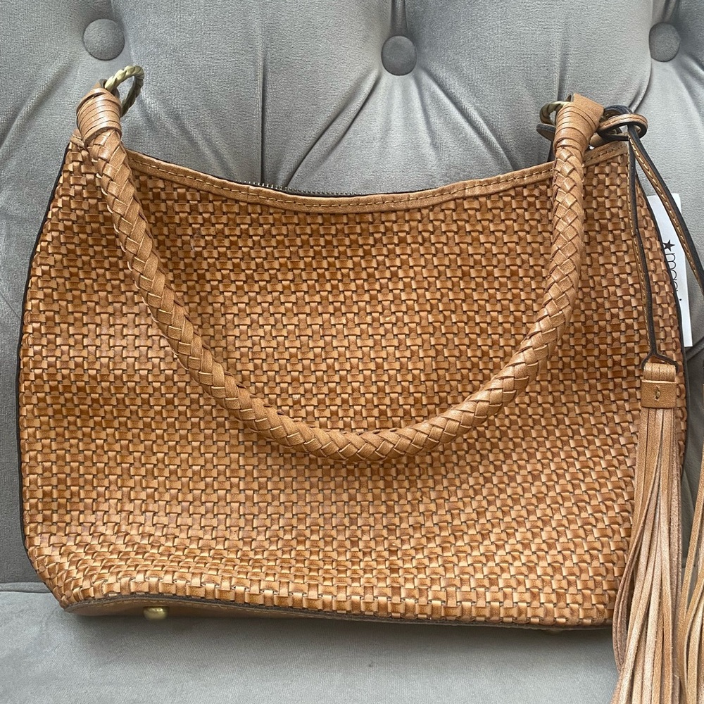 Patricia Nash genuine leather Castelli Shoulder Hobo handbag purse woven tan